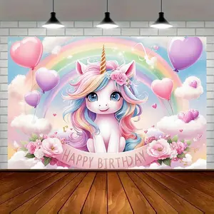 1pc 2D Flat Polyester Unicorn Happy Birthday Banner, Versatile Seasonal Wall Decor for Home & Party, 100% Polyester, Colorful Room Decoration