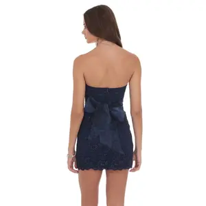 Strapless Lace Back Bow Dress in Navy