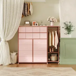 【Garvee】 16 Drawers Dresser with Clothes Rack, Freestanding Closet Organizer for Hanging Clothes, Tall Fabric Chests with Wardrobe Clothing Rack, 2 Storage Shelves for Bedroom Living Room, Pink