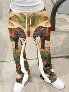 Indian Mughal Elephant Art Bell Bottoms, Traditional Print Casual Long Pants, Fitted Geometric Pattern, All Seasons, Stylish Comfort Wear