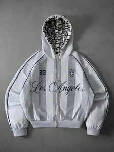 Men's Streetwear Hooded Sweatshirt, Vintage Style, Knit Open Front, Leopard Print, Los Angeles Letter Print, Casual Fall Winter Jacket, Hooded Hoodie, Knitted
