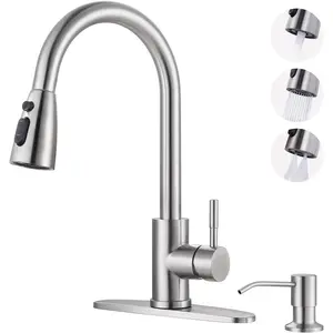 Kitchen Faucet with Soap Dispenser: 304 Stainless Steel Kitchen Sink Faucet with Pull Down Sprayer 3 Modes, Single Handle High Arc Mixer Taps for Sink, RV, Laundry, Bar (Brushed Nickel)