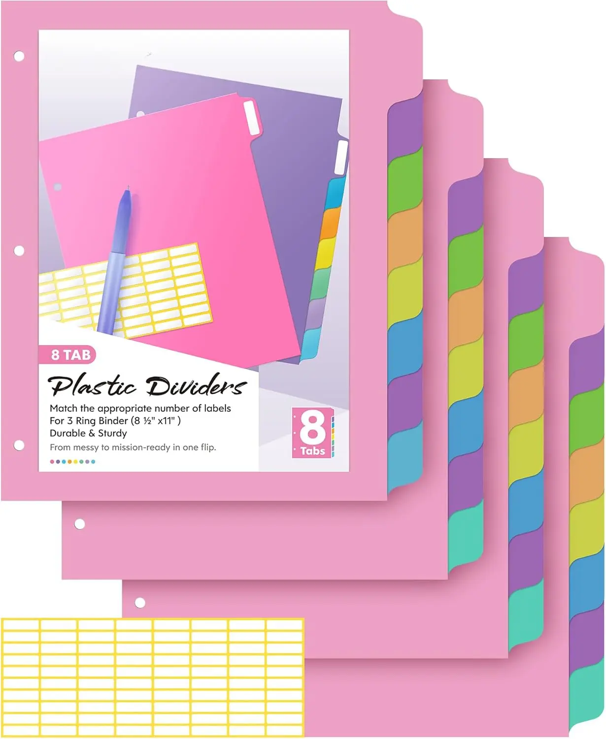 Binder Dividers with Tabs, Plastic Dividers for 3 Ring Binder, Letter Size Binder Tabs for Organizing School Office Home Files, Write&Erase Notebook/Page Dividers