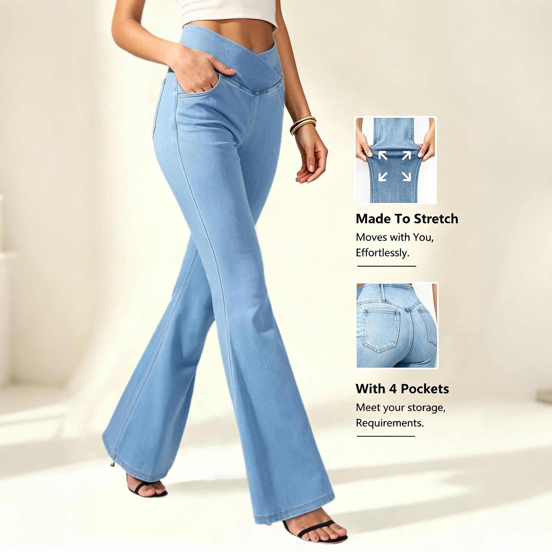 Women's Minimalist Basic Stretchy Crossover Elastic Waist Pull-On Flare Jeans with Pockets, Sport Outdoor Yoga Denim Jeggings