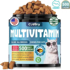 Cudory Cat Multivitamin, Crunchy & Creamy Cheese Chew– Supports Energy and Skin & Coat – with Taurine, B-Complex, Zinc Methionine & Selenium Yeast – Daily Health Supplement for Cats of All Ages (500 Chew)