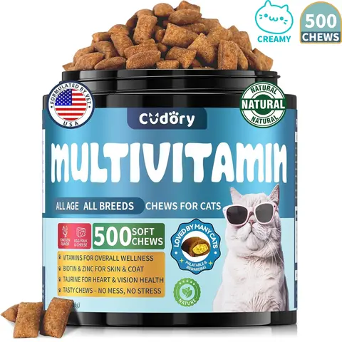 Cudory Crunchy & Creamy Cheese Chew Cat Multivitamin Treats - All Ages, B-Complex, Biotin, Vitamin B1, Taurine, Zinc, Selenium, Energy Boost, Skin & Coat Support, Less Shedding, 2-4 Weeks Result, 500 Chews, 24-Month Shelf Life
