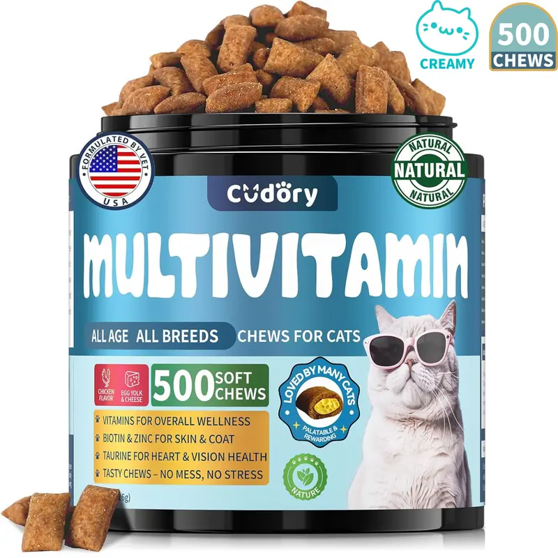 Cudory Crunchy & Creamy Cheese Chew Cat Multivitamin Treats - All Ages, B-Complex, Biotin, Vitamin B1, Taurine, Zinc, Selenium, Energy Boost, Skin & Coat Support, Less Shedding, 2-4 Weeks Result, 500 Chews, 24-Month Shelf Life