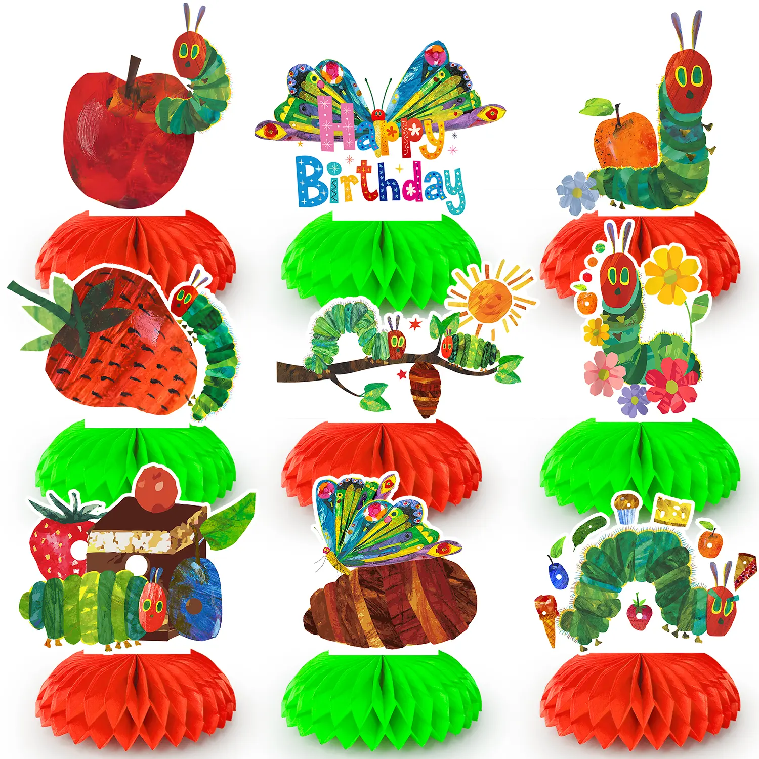 9 Pcs Hungry Caterpillar Party Decoration, Cartoon Caterpillar Theme Honeycomb Centerpieces 3D Double Sided Table Decorations, Photo Booth Props for Hungry Caterpillar Birthday Party Supplies