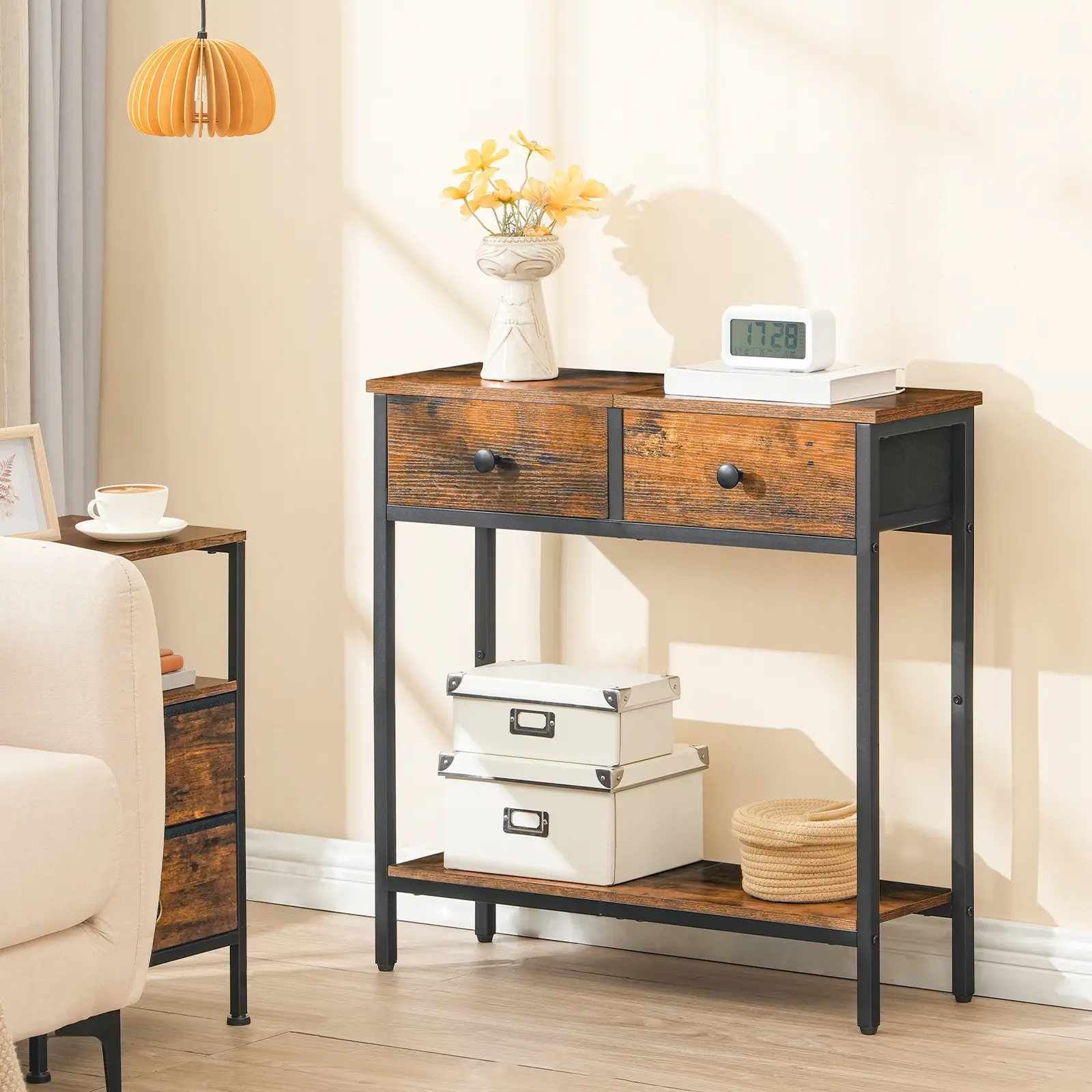 HOOBRO 29.5" Narrow Console Table with 2 Fabric Drawers, Entryway Table with 2-Tier Shelves, Thin Sofa Table for Living Room, Rustic Brown and Black #SummerVibes
