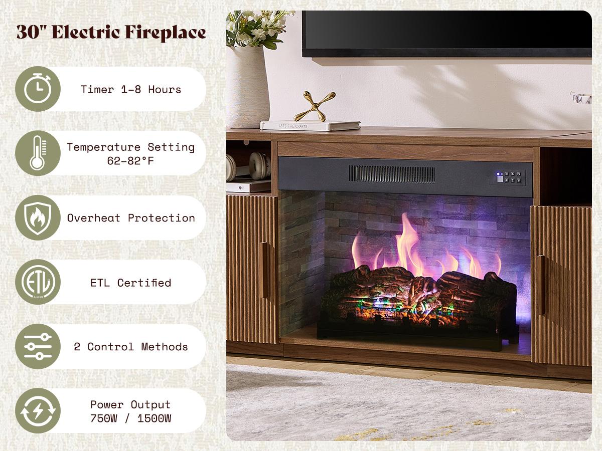 AMERLIFE 70" Fluted Fireplace TV Stand for TVs Up to 80", Modern TV Console with 30" Electric Fireplace & Storage Cabinets, Media Entertainment Center for Living Room