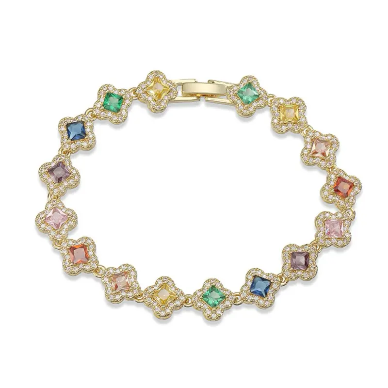 18K Gold Plated Copper Zircon Inlaid With Colored Diamonds Clover Bracelet For Women Super Shiny Flower Petal Layered Bracelet
