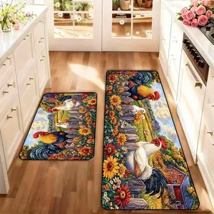 Farmhouse Rooster Sunflower Kitchen Rug Set, Washable Non-Slip Low Profile Floor Mats, Home Decor for Kitchen Laundry Room Hallway, Washable Kitchen Rugs, Flower Pattern Rugs, Decorative Area Rug, Durable Decorative Mat