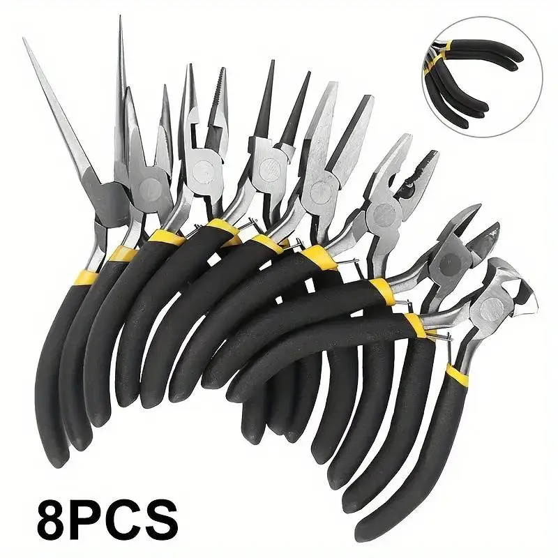 8pcs Premium Carbon Steel Mini Jewelry Pliers Set, Round Curved Needle Nose Design for Precise Grip, Durable Construction for Jewelry Making, Easy Handling