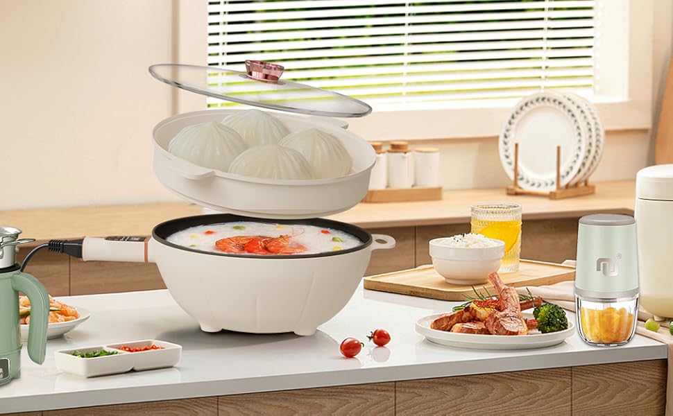 4L Electric Skillet 1000W Electric Cooker with Non-Stick Coating & Steamer, Timer & Schedule Cooking Settings, 12" Large Electric Hot Pot with Lid for Soup, Pasta, Frying, Stir-Fry