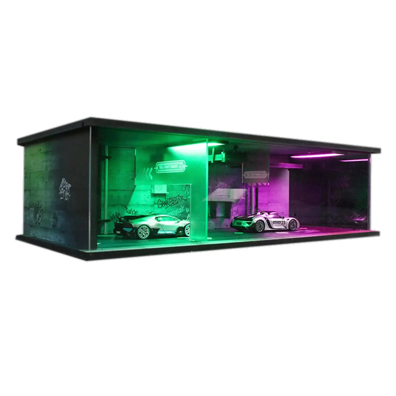 1:64 Scale Neon LED Display Diorama for Diecast Cars & Collectibles - Acrylic Model Scene with Detailed UV Printing, Multi-Color Lights, Accessories, Dust-Proof Acrylic Front Panel