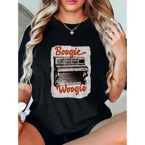 Women's Black T-Shirt with Vintage Piano & Boogie Woogie Graphic, Casual Music Lover Tee for Jazz Festivals, Concerts, Daily Wear, Ideal for Female Musicians & Retro Style Enthusiasts 100% Cotton T-shirt