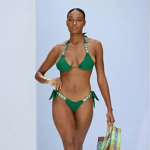 Women's Green Triangle Top Bikini with Large Monochrome Crystals