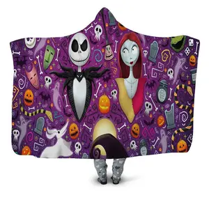 Jack And Sally 3D Hooded Blanket, 3D Nightmare Characters Throw Blanket, Fleece Inside Hooded Blanket, Mother's Day Gifts