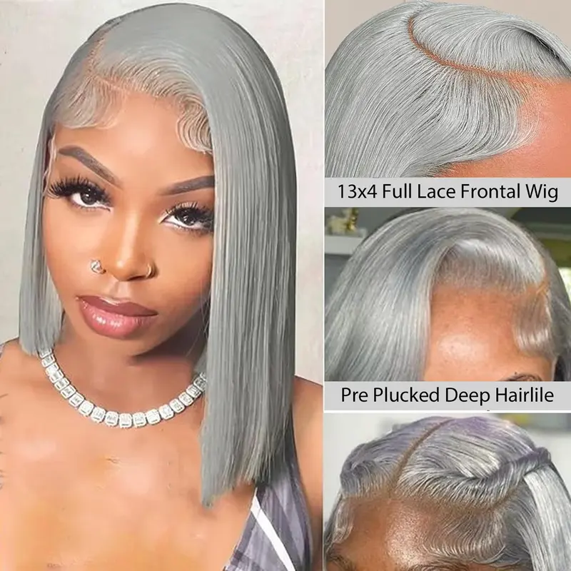 Yeswigs Grey Bob Human Hair Short Bob Wigs Gray Red Pink Blue Brown Black Highlight Blonde 613 Ginger Burgundy 99J Colored 13x4 Full Hd Lace Frontal Wigs Human Hair Blunt Cut Glueless Straight Transparent Lace Front Human Hair Wigs For Women Pre Plucked
