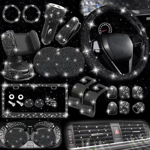 27 PCs Black Bling Car Accessories Set for Women, Steering Wheel Covers Universal Fit 15 Inch, Bling License Plate Frame, Bling Phone Holder, Bling Car Coasters