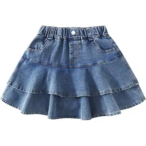 3-14Y Girls' Elastic Denim Skort |     Mini Flared Pleated |     Built-in Shorts for Easy On/Off