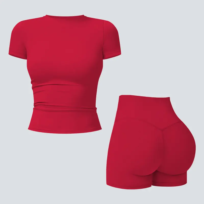 Tenwolf Women's 2-Piece Solid Ribbed Crop T-Shirt & High-Waisted Shorts Set - Quick-Dry Gym Workout Apparel, Gym Clothes Women, All-Season Casual Activewear for Yoga, Running
