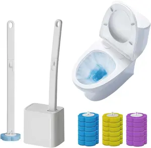 Disposable Toilet Brush Set for Bathroom Cleaning and Organizing, Plastic Holder, Extended Handle, 24 Disinfecting Heads, Hygienic Cleaning Solution (White)