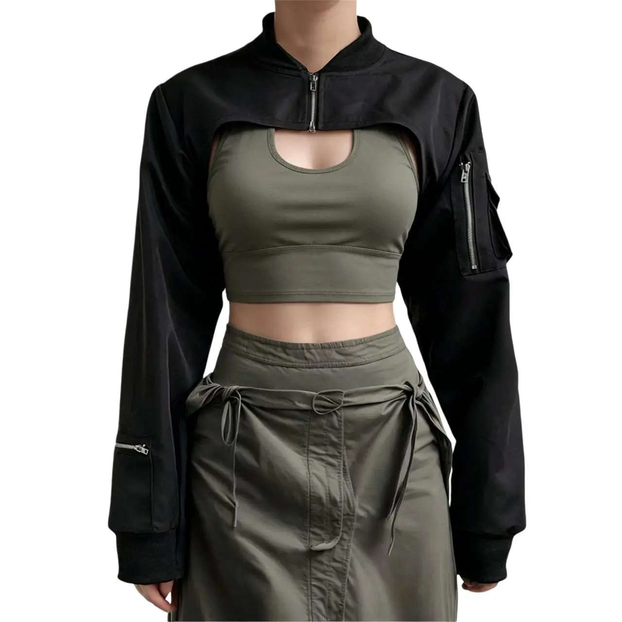 Women's Grunge Crop Jacket Coat - Black, Zipper Mock Neck, Long Sleeves, Pockets, Basic Casual Outerwear, Goth 80s Punk Motorcycle Style, Coats, Longsleeves, Short, Polyester, Thanksgiving, Gothic, Valentines Day, Foldable, Basics, Tops, Cool Girl Style,