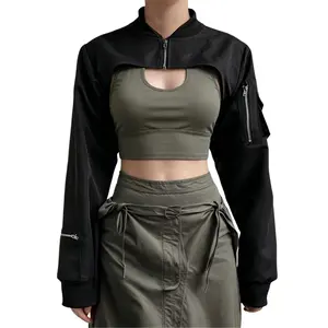 Grunge Crop Jacket Top for Women - Black Zipper Mock Neck Long Sleeve Pockets, Goth and 80s Punk, Motorcycle Travel
