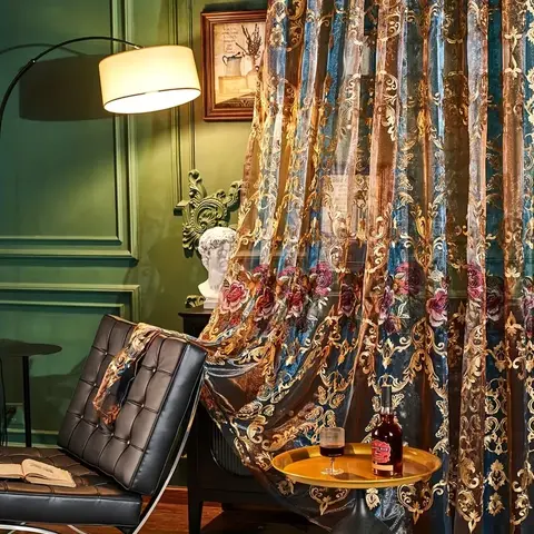1pc American Vintage Hollow Out Embroidered Sheer Curtain, Home Decoration Curtain, Home Window Decor, Room Decor Curtain, Home Decorative Curtain, Window Curtains, Minimalist Korean Style Drapes