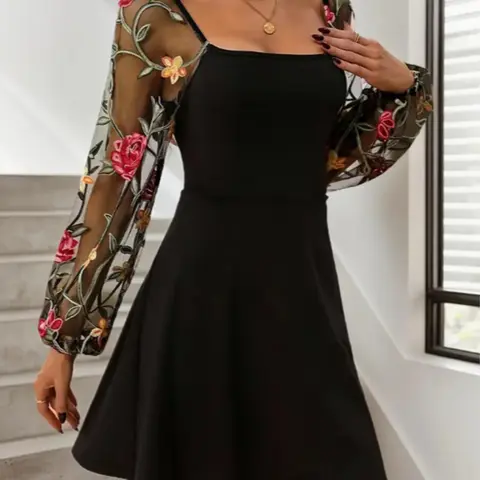 Women's Floral Embroidery Long Sleeve Dress, Fashion Casual Square Neck Short Dress for Daily Outdoor Wear, Boho Casual Comfy Fashion, Women Dress for Spring, Boho Style Womenswear, Womenswear, Casual Chic Dress, Boho Style Clothes