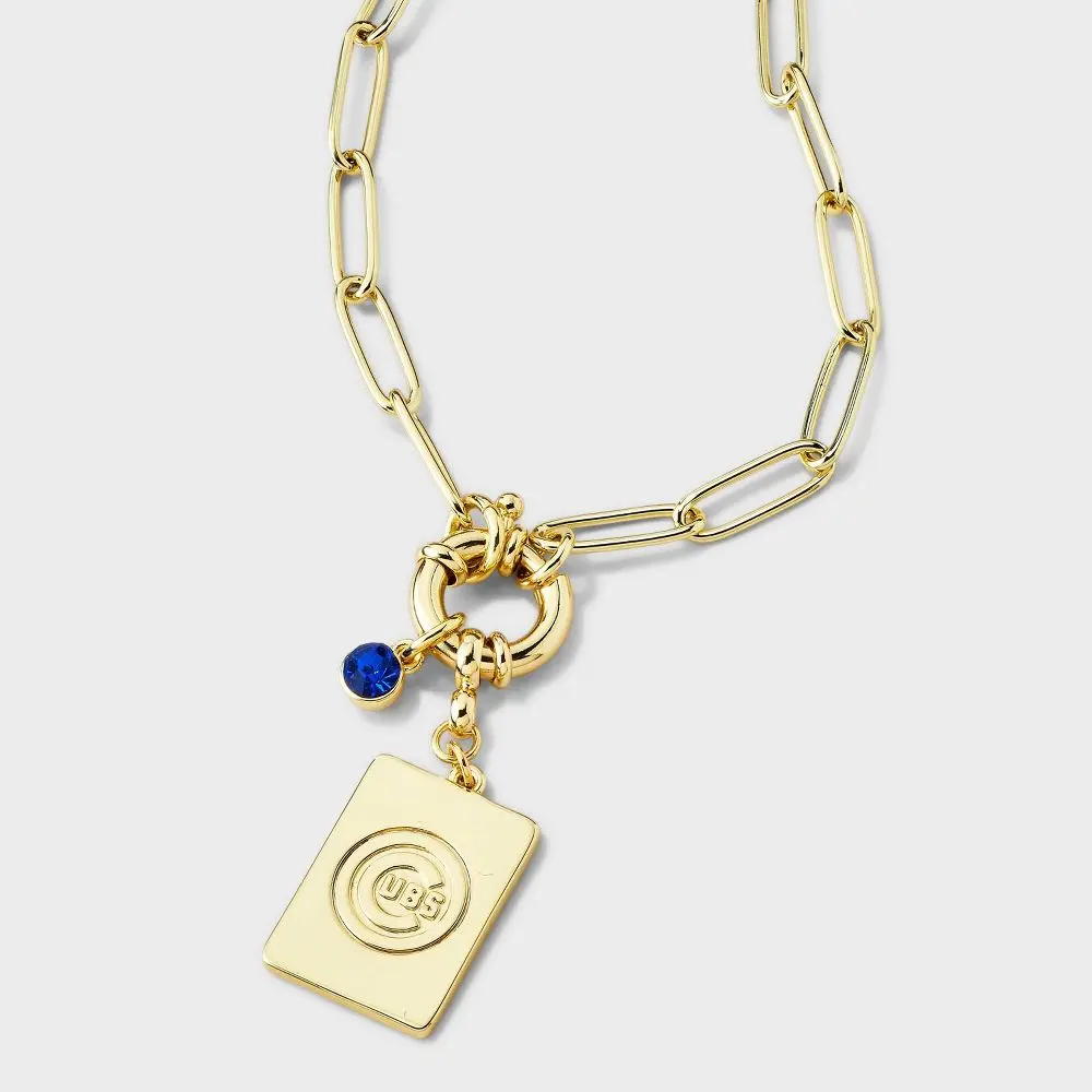 Bijoux Sport by Luv Aj MLB Gold Dog Tag Cubic Zirconia Charm Necklace - Chicago Cubs: Brass Chain 16" Length