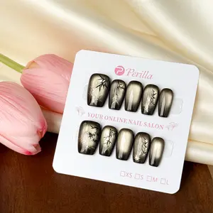 Perilla QD1-QD12 Short Square Dark Color Cat Eye Handmade Press On Nails Rhinestone French Tips with Tool Kit
