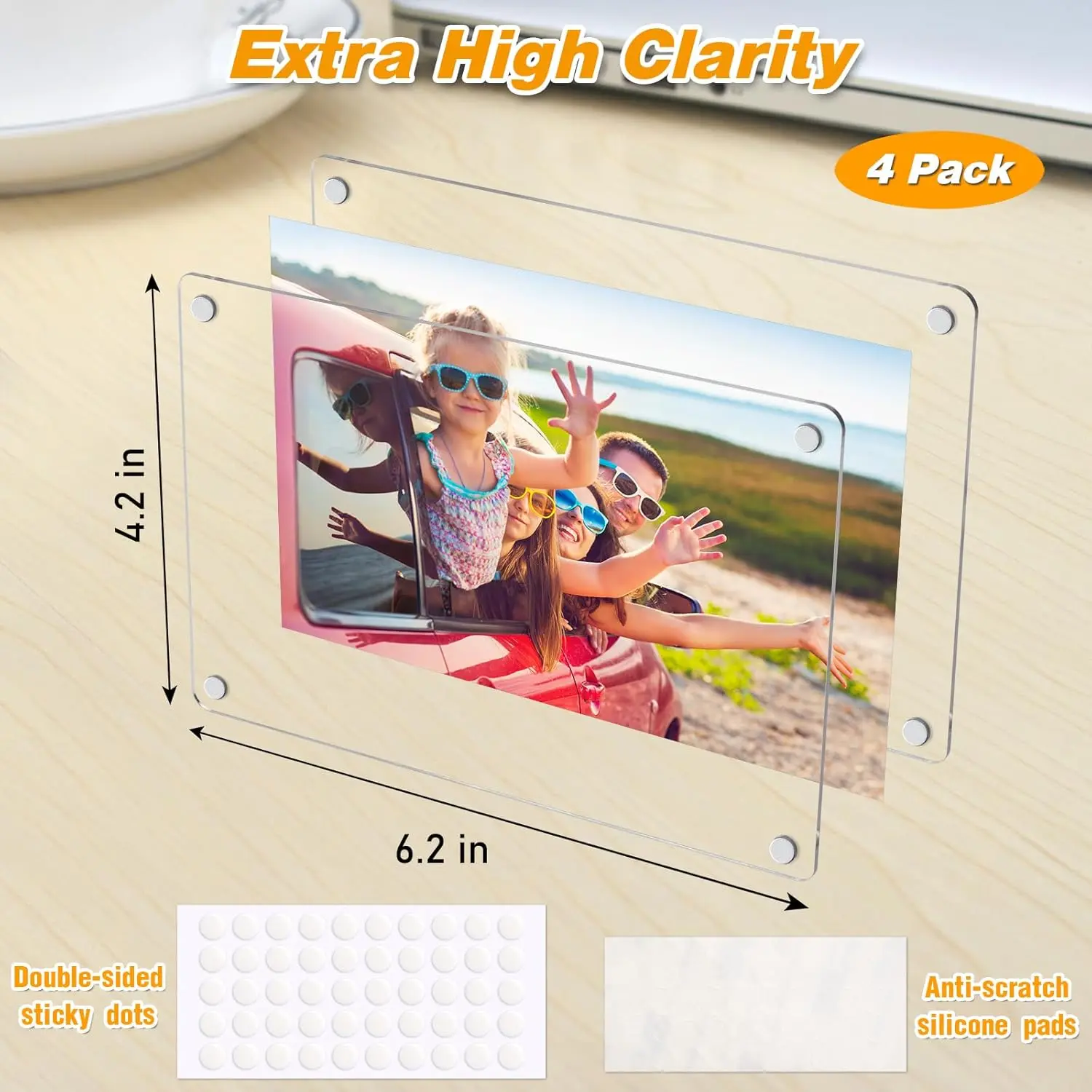 4 Pack- Acrylic Fridge Magnetic Frame, Acrylic Photo Picture Frames, Double Sided Photo Refrigerator Magnet Picture Frame, Clear Picture Display Frame, 6*4 In