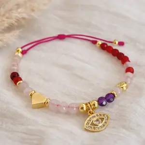 Self Love Reminder Bracelet with 6mm Rose Quartz, Red Agate, Amethyst, 18K Gold Plated Charms & Evil Eye