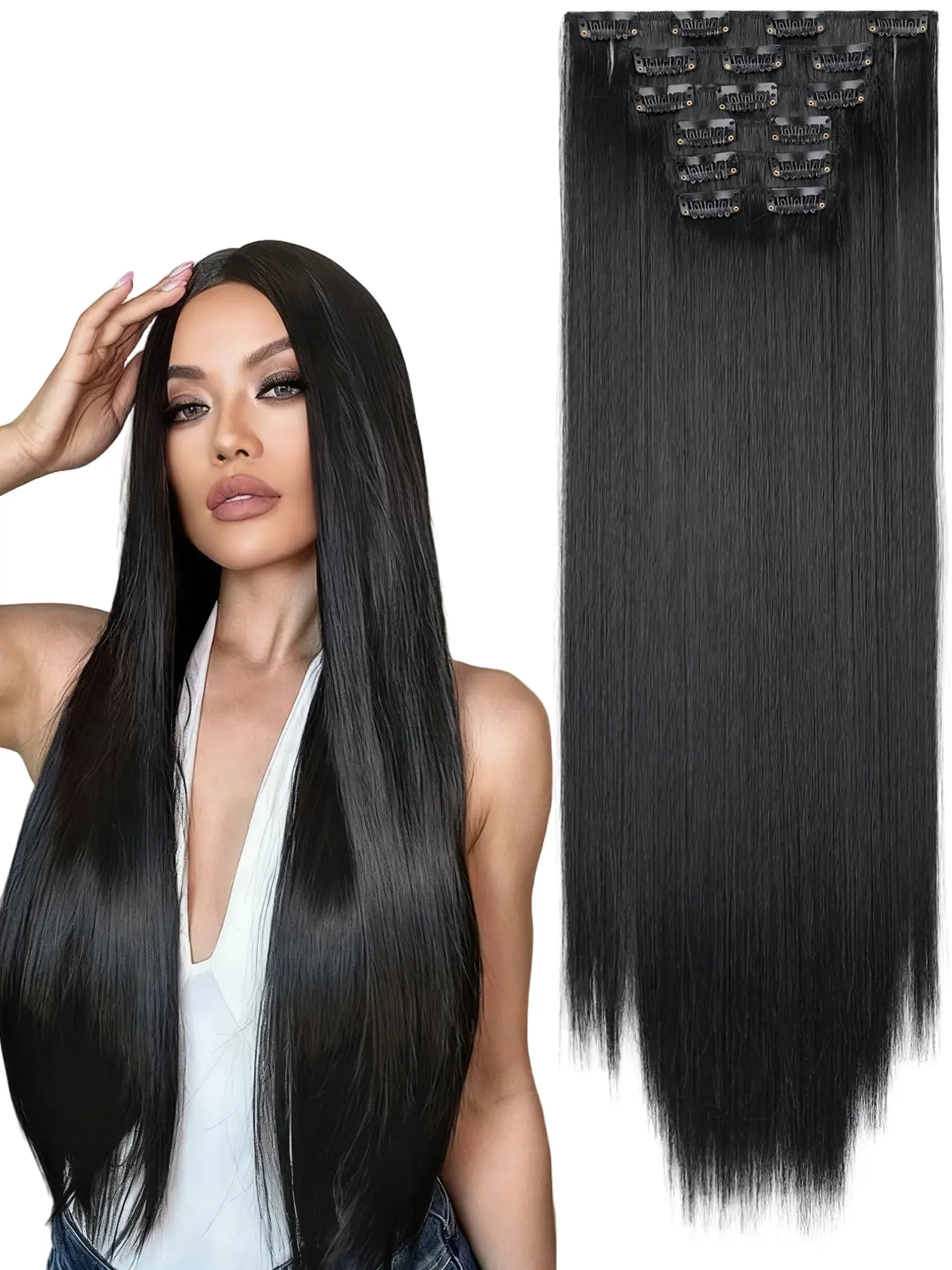 6 piece clip in hair extensions set straight long hair clip in extensions with clips Synthetic Material hair extensions straight and smooth natural hair color for women daily and holiday use Hairpiece
