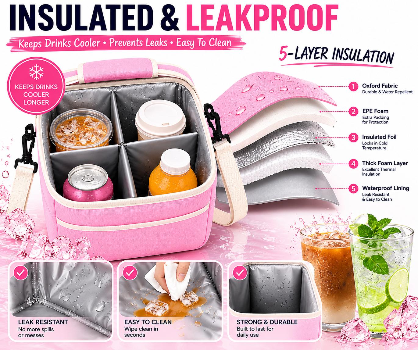 Adjustable Dividers Drink Tote - 4/6-Cup Beverage Carrier Bag with Adjustable Straps, Removable Dividers, Comfortable Handle, Stable on the Go, Outdoor Travel Organizers for Coffee, Tumbler, Office Lunch, Camping Picnic Takeout