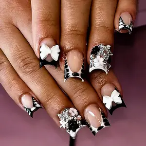 24 Pieces Medium-Length Square Gel Nail Stickers, French Punk Nails, 3D Butterfly, Zebra, Metal Diamond, Leopard, Acrylic False Nails Set