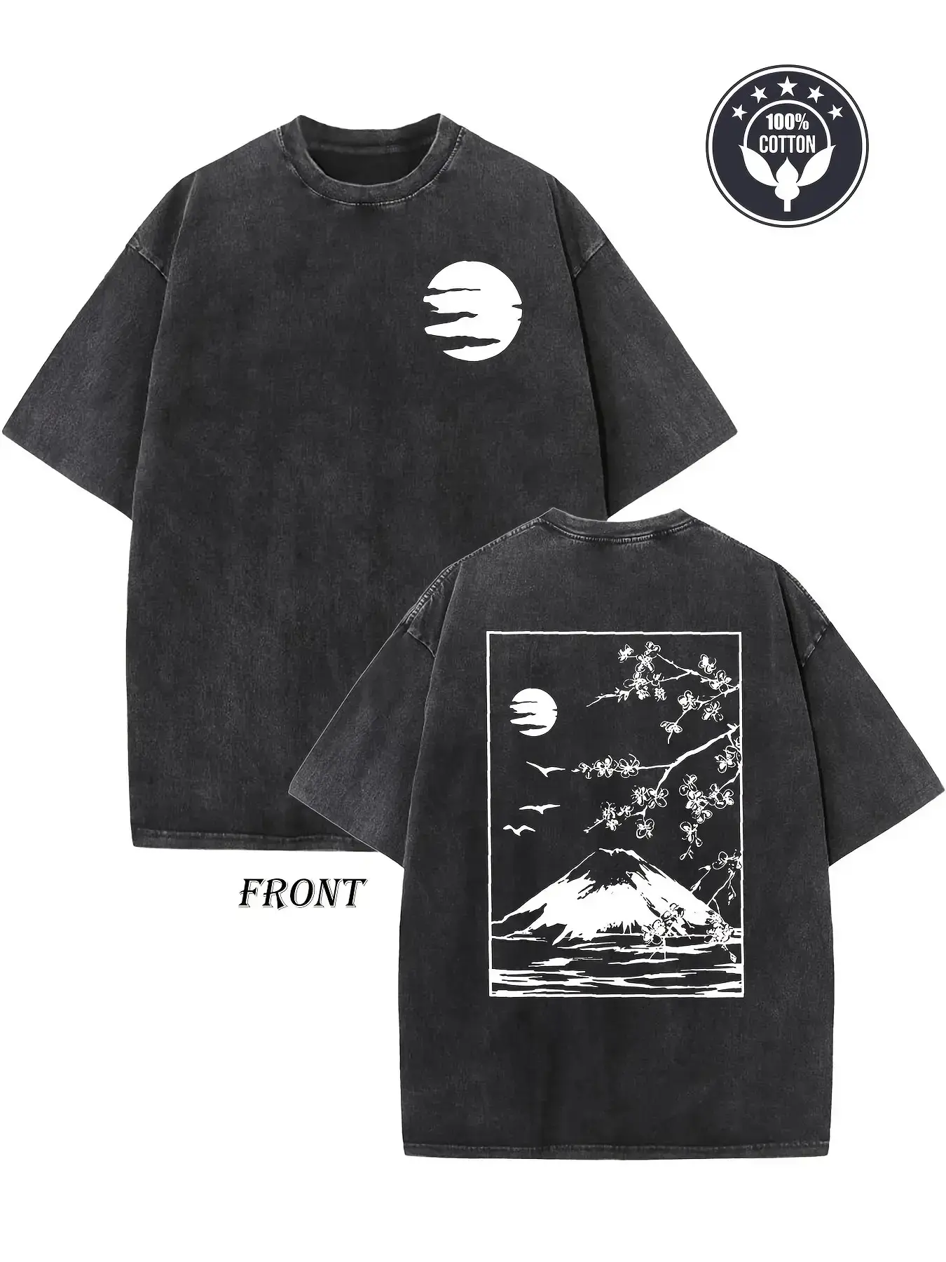 Vintage Japanese Fuji Cherry Blossom Moon Front Back Double Print T-Shirt, Washed Black Oversized Cotton Crewneck Tee, Traditional Oriental Landscape Bird Minimal Streetwear Gift Top For Men Women
