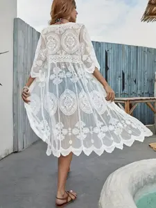 Boho Style Women's Cardigan Robe Cover-Up, Hollow Lace Knit Semi-Transparent Sheer Cover Up Swimsuit Cover-Up, Spring Summer Beach Vacation Casual Outerwear