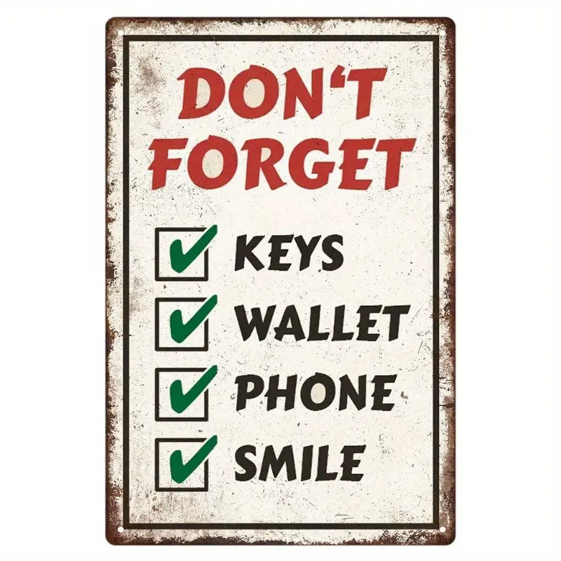 Vintage-Style "Don't Forget" 8x12 Metal Decorative Home Sign - Iron Rustic Reminder for Keys, Wallet, Phone, Smile - Wall-Mounted Decor for Pub Spaces, Decorative Home Signs