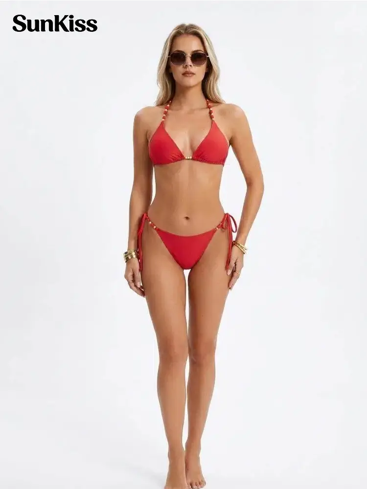 Sunkiss Women's Bikini Set, High-Cut Ruched 2-Piece Outfit Variant in Stretchable Quick-Dry Synthetics with No-Wire Push-Up Top, Breathable, Cruise Trips, Swimming, Swimsuit For Women, Polyester Fits, Hand Wash, Solid