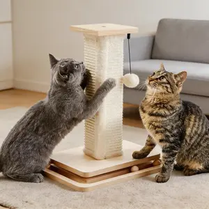 Wooden Cat Scratching Post with Track Ball Toy, Durable Natural Sisal Cat Scratcher with Hanging Pom-Pom, Interactive Cat Activity Center for Indoor Cats