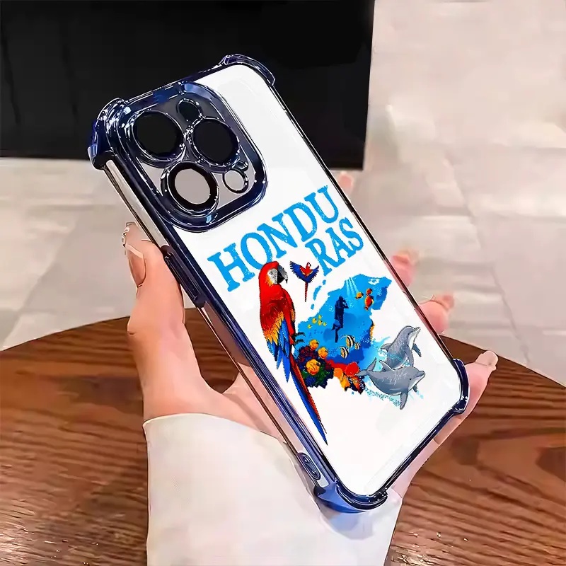 Honduras Macaw Dolphin Ocean Map Collage pattern Suitable for Aesthetic Electroplated TPU Casing For iphone 17 16 15 14 13 12 11 PRO PLUS MAX Samsung S26 Four Corners Anti-Fall Transparent Casual Soft Silicone Phone Cases  L1810