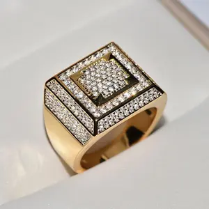 Men’s Hip Hop–Style Square Micro‑Set Cubic Zirconia Ring, Gold‑Plated