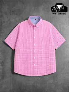Men Gingham Short Sleeve Shirt for Summer Outfits, Button Down Collar Chest Pocket Curved Hem, Dress Shirt Alternative