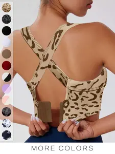 Women's Sexy Leopard Print Lingerie with Detachable Pads, Criss Cross Backless Yoga Fitness Bra Tank Top, Plain Sporty Workout Shirt, Backless Sports Bra