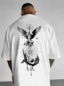 Men's Icarus Letter Street Print Round Neck T-Shirt, Loose Fit Comfortable Casual Sports Top, Perfect for Daily Wear & Leisure