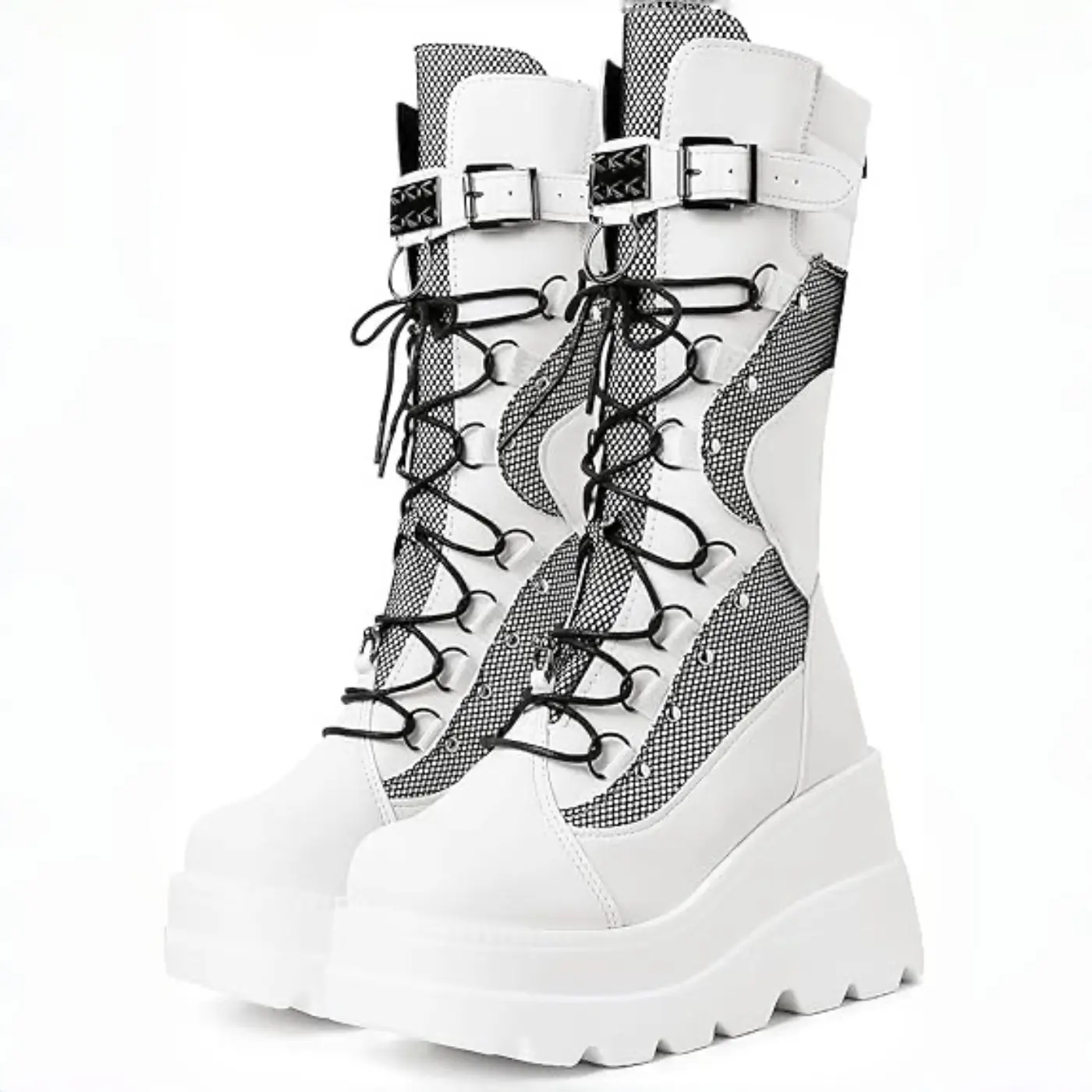EROCALLI  Women's Platform Mid Calf Boots Chunky High Heel Wedge Boots Goth Zip & Lace Up Combat Round Toe Motorcycle Boots White Black
