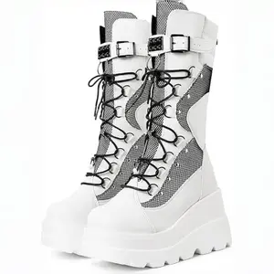 EROCALL  Women's Platform Mid Calf Boots Chunky High Heel Wedge Boots Goth Zip & Lace Up Combat Round Toe Motorcycle Boots White Black